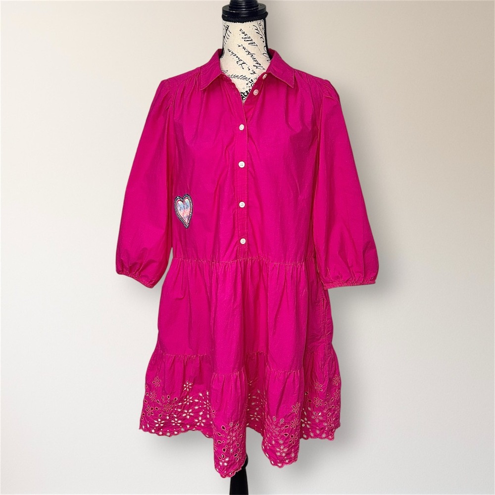 GAP Pink Eyelet Hem Cotton Shirt Mini Dress Sequin Heart Puff Sleeve Pockets - Picture 2 of 12